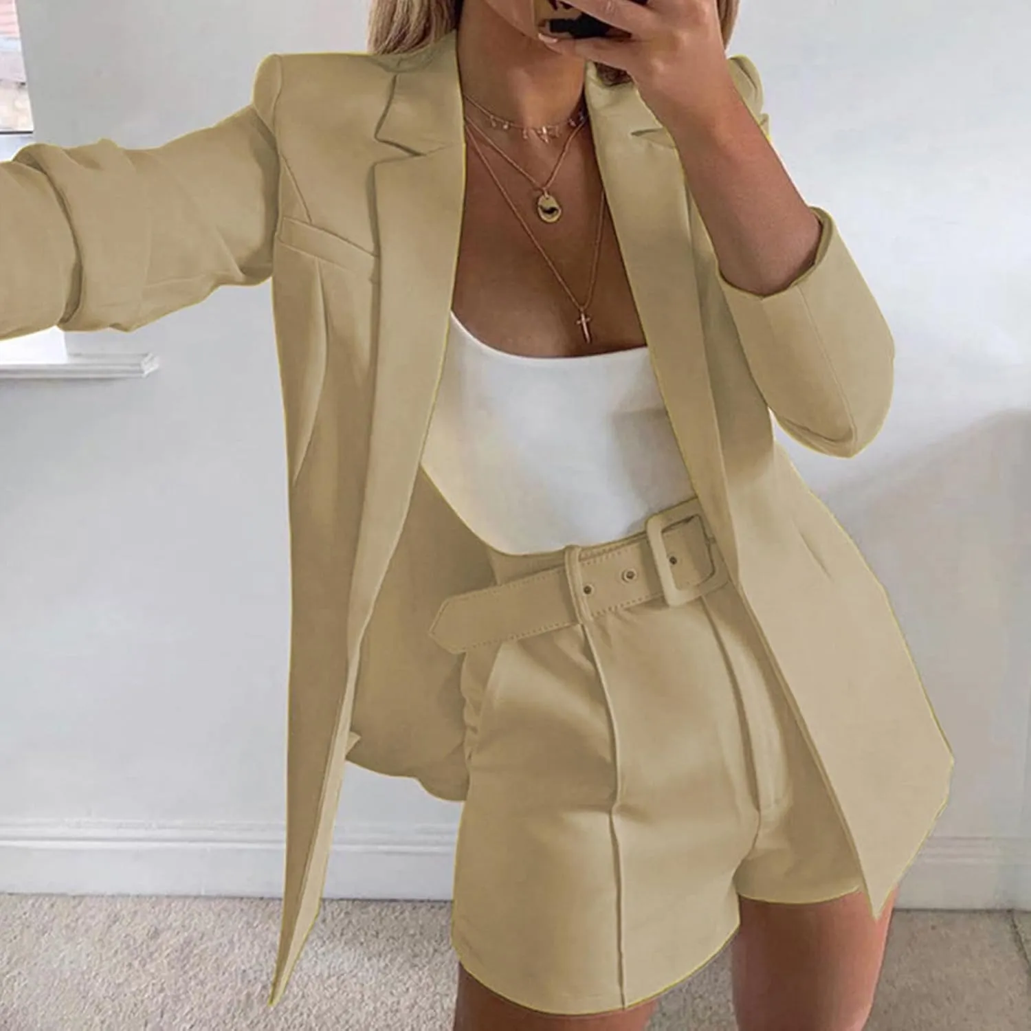 Women's Business Suits with Belt Long Sleeve Blazer Jacket and High Waisted Shorts 2 Pieces Outfits Shorts Set