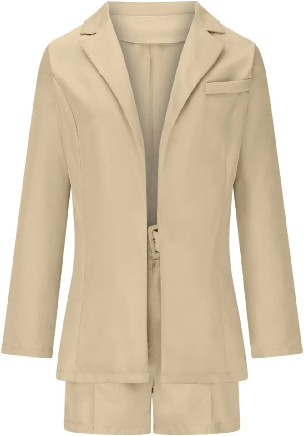Women's Business Suits with Belt Long Sleeve Blazer Jacket and High Waisted Shorts 2 Pieces Outfits Shorts Set