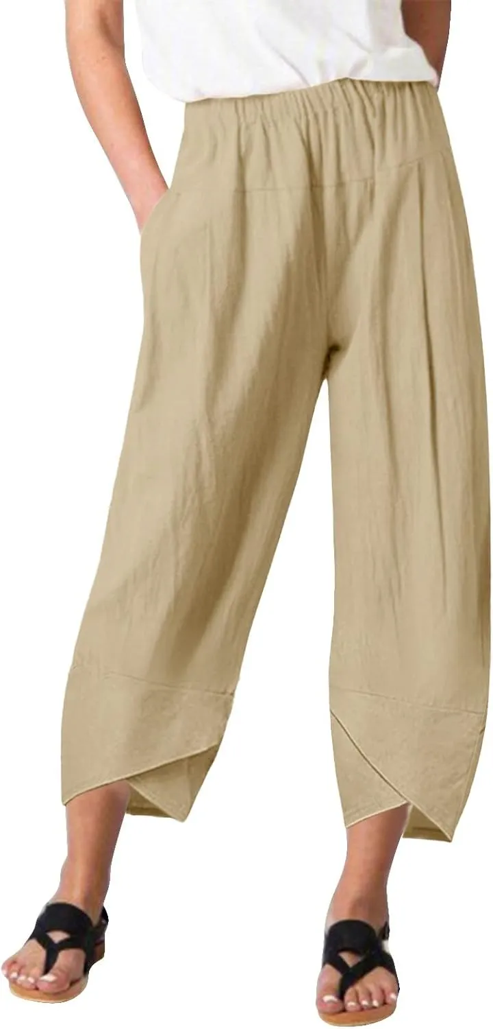 Women's Capri Linen Pants Drawstring Straight Leg 2025 Casual Summer Pants Loose Cropped Trouser