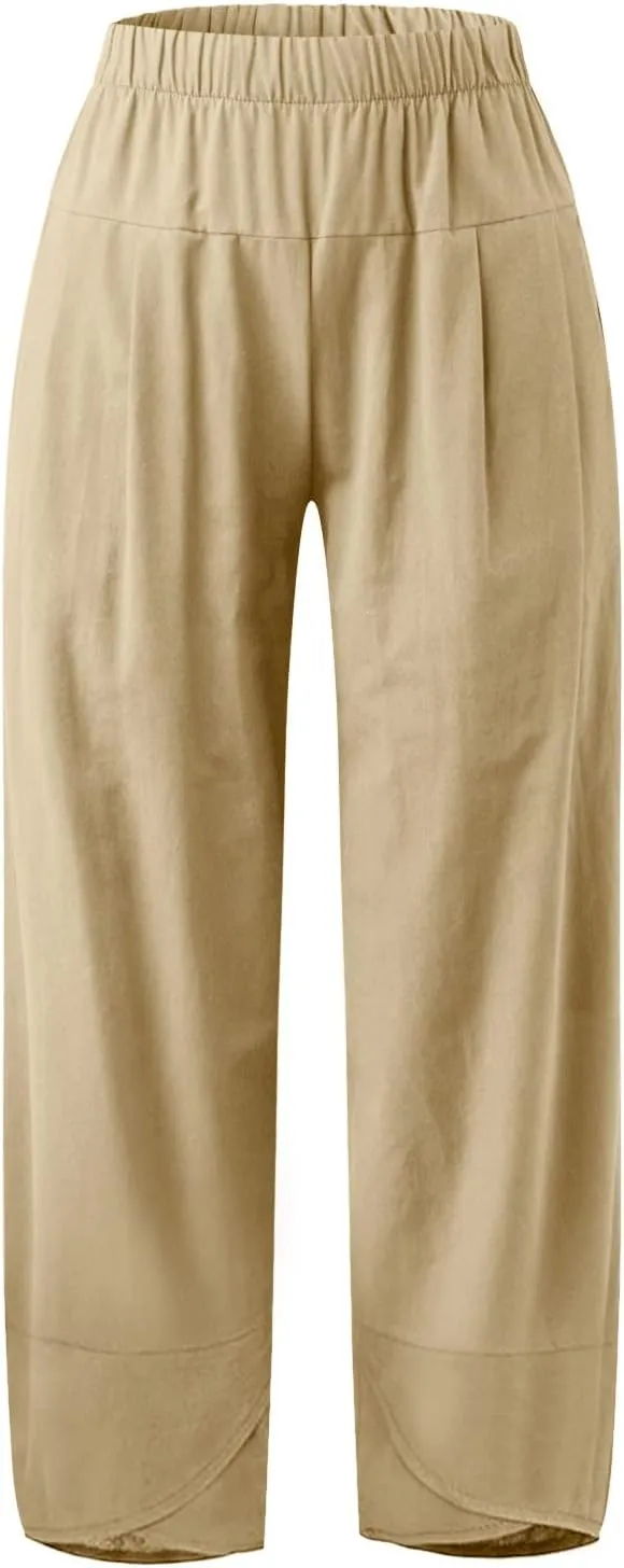 Women's Capri Linen Pants Drawstring Straight Leg 2025 Casual Summer Pants Loose Cropped Trouser