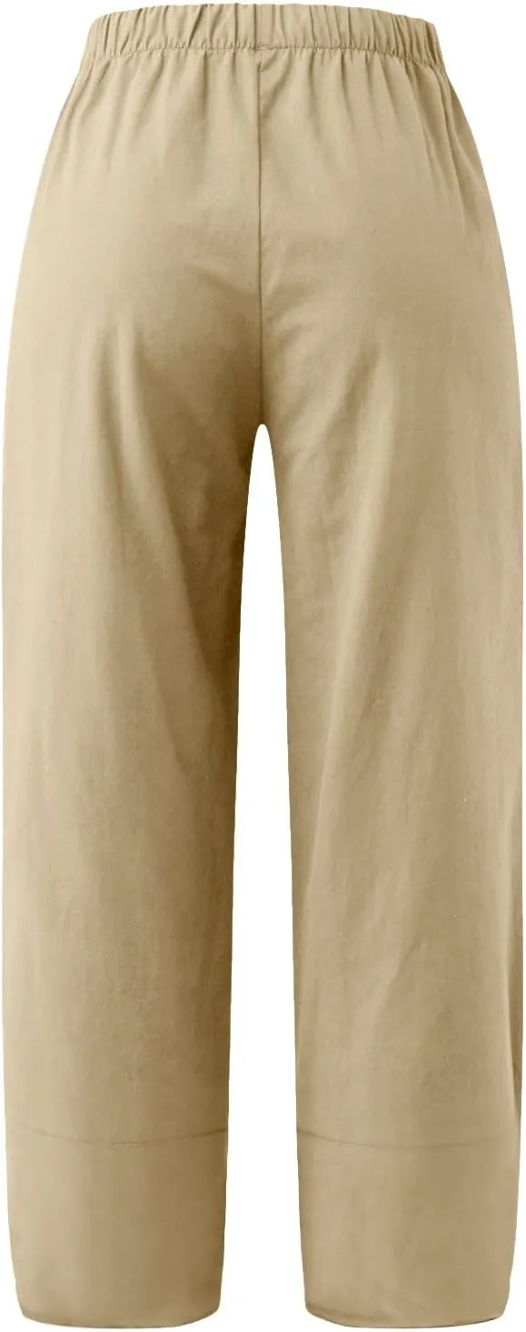 Women's Capri Linen Pants Drawstring Straight Leg 2025 Casual Summer Pants Loose Cropped Trouser