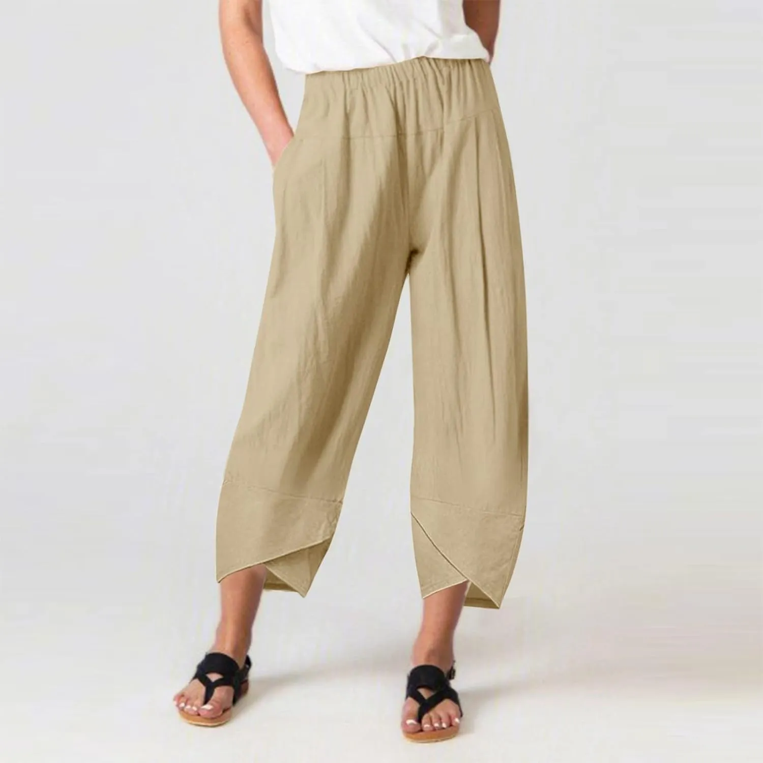 Women's Capri Linen Pants Drawstring Straight Leg 2025 Casual Summer Pants Loose Cropped Trouser