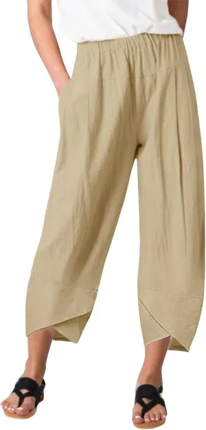 Women's Capri Linen Pants Drawstring Straight Leg 2025 Casual Summer Pants Loose Cropped Trouser
