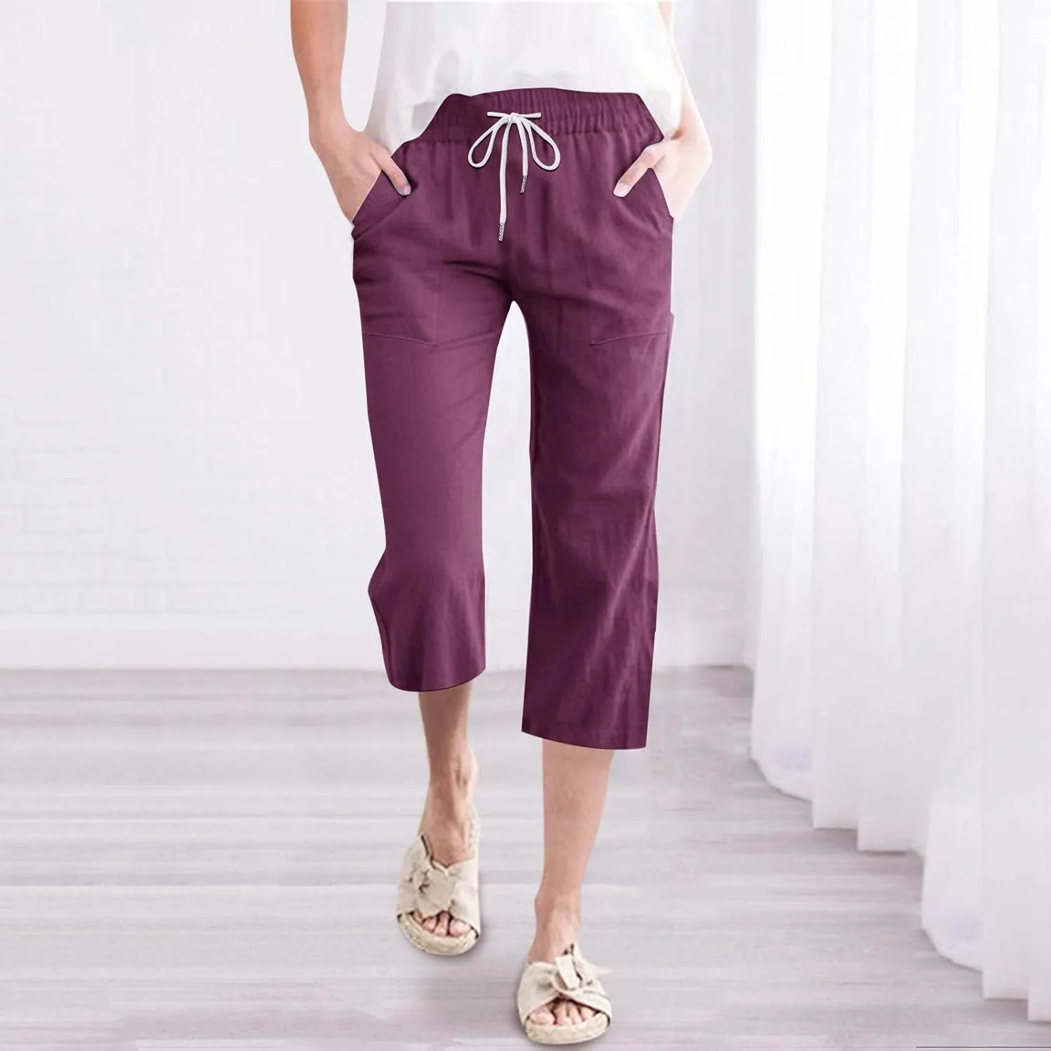 Womens Capri Pants Drawstring Elastic Waist Linen Pant Straight Wide Leg Cropped Pants Trouser with Pockets