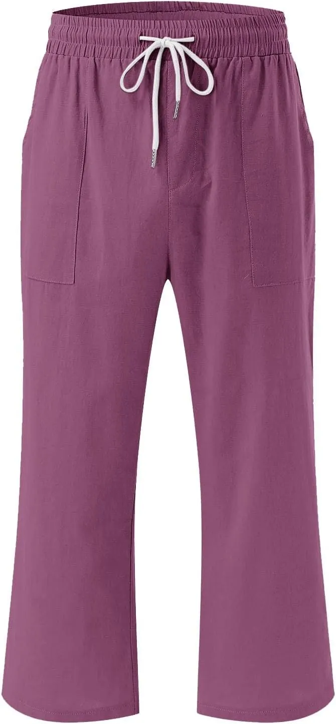 Womens Capri Pants Drawstring Elastic Waist Linen Pant Straight Wide Leg Cropped Pants Trouser with Pockets