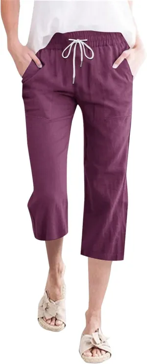 Womens Capri Pants Drawstring Elastic Waist Linen Pant Straight Wide Leg Cropped Pants Trouser with Pockets