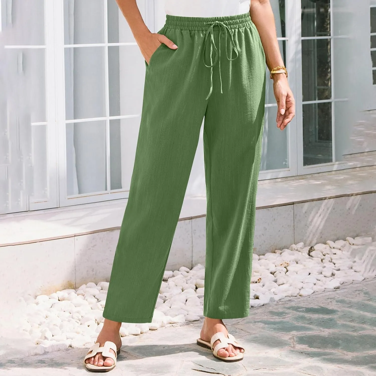 Womens Capri Pants Work, Plus Size Cargo Pants for Women Plus Size Linen Trousers Low Rise Straight Leg Summer
