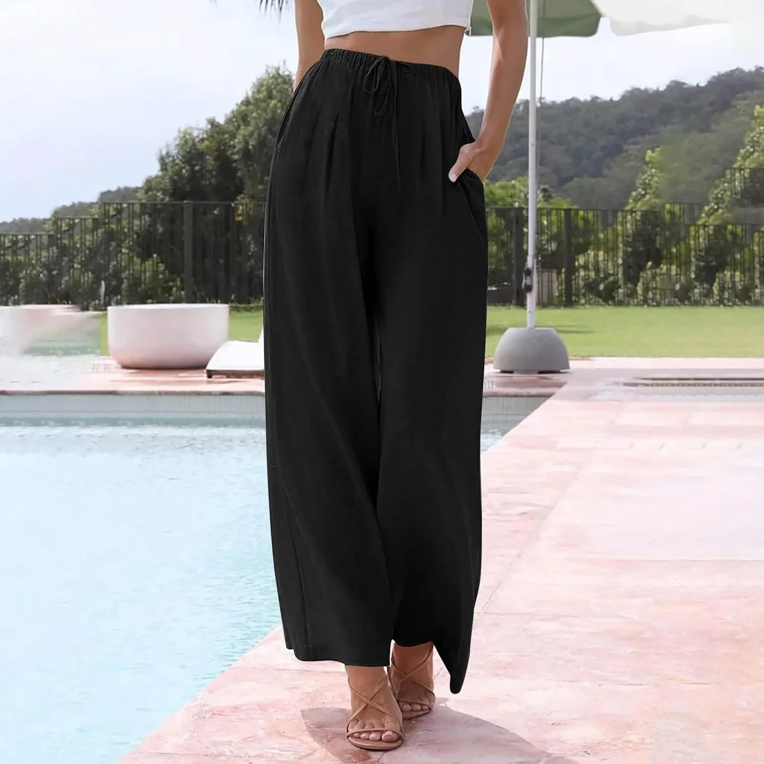 Womens Cargo Pants, Women's Hiking Pants Lounge Work Trousers High Waisted Linen Cotton Straight Leg Summer