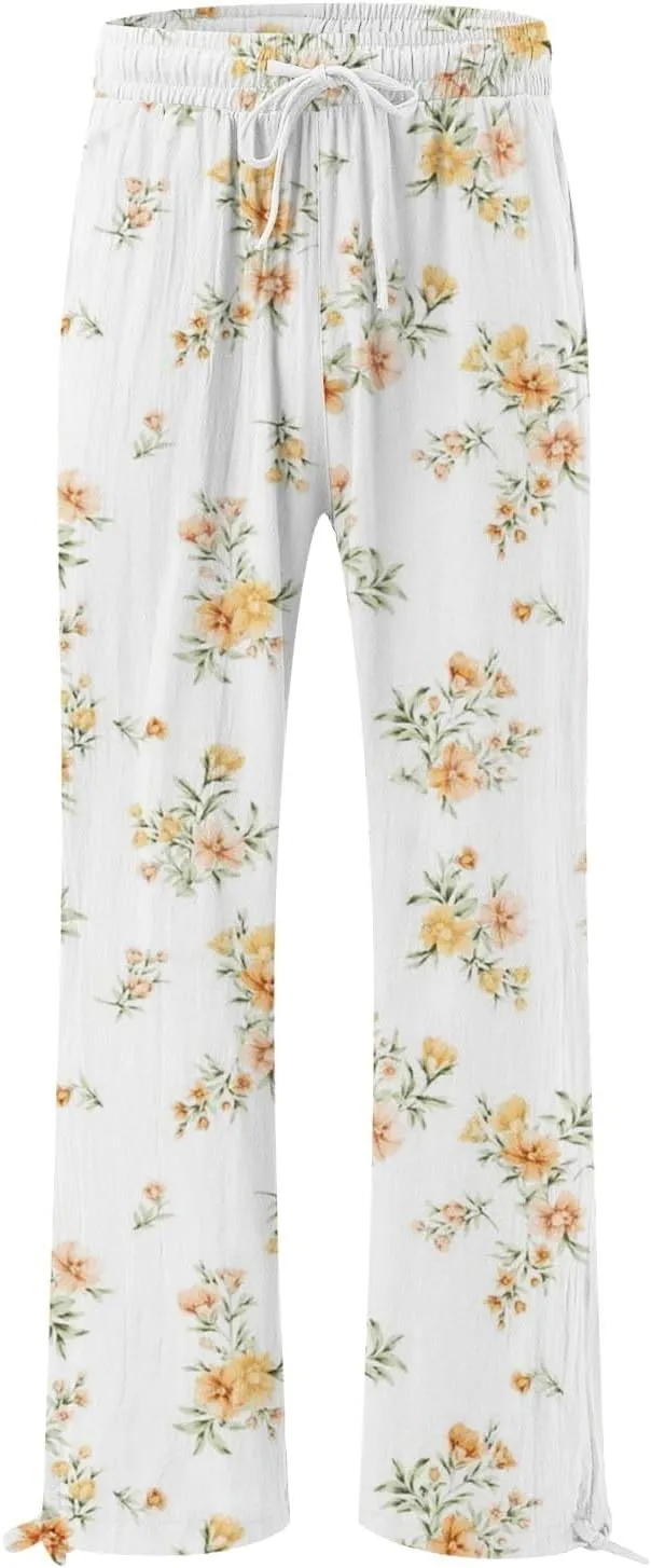 Womens Casual Boho Floral Cotton Linen Pants 2025 Elastic Waist Drawstring Summer Beach Baggy Trousers with Pockets