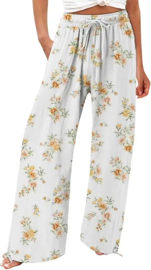 Womens Casual Boho Floral Cotton Linen Pants 2025 Elastic Waist Drawstring Summer Beach Baggy Trousers with Pockets