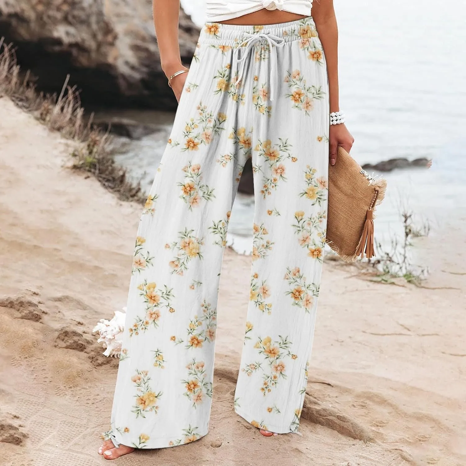 Womens Casual Boho Floral Cotton Linen Pants 2025 Elastic Waist Drawstring Summer Beach Baggy Trousers with Pockets