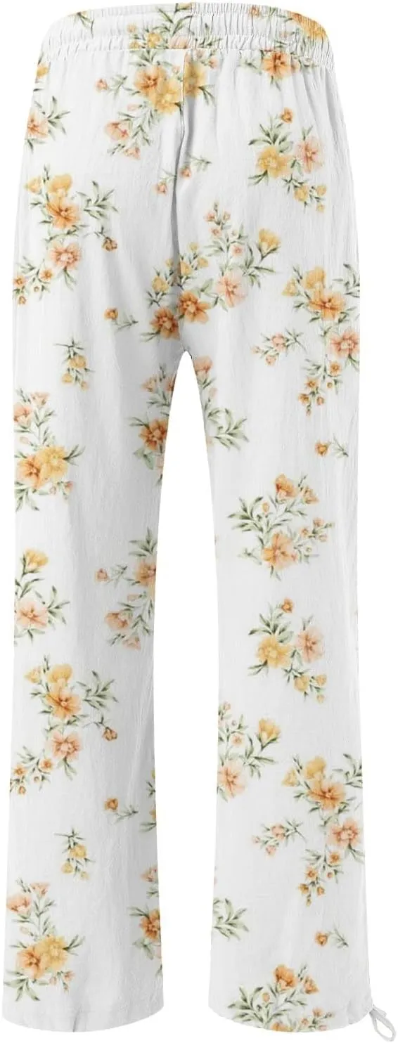 Womens Casual Boho Floral Cotton Linen Pants 2025 Elastic Waist Drawstring Summer Beach Baggy Trousers with Pockets