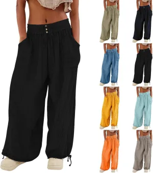 Women's Casual Cotton Linen Baggy Pants with Elastic Waist Summer Relax Loose Fit Comfy Pant Baggy Patchwork Trousers