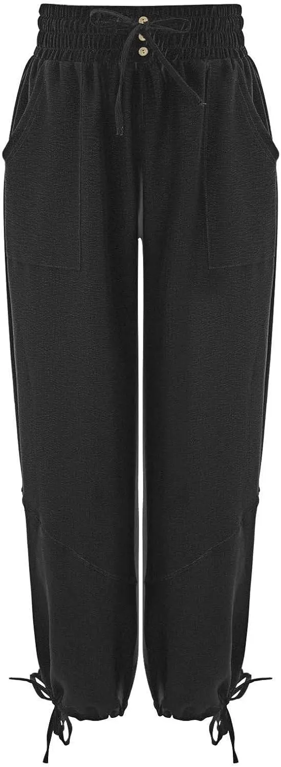 Women's Casual Cotton Linen Baggy Pants with Elastic Waist Summer Relax Loose Fit Comfy Pant Baggy Patchwork Trousers