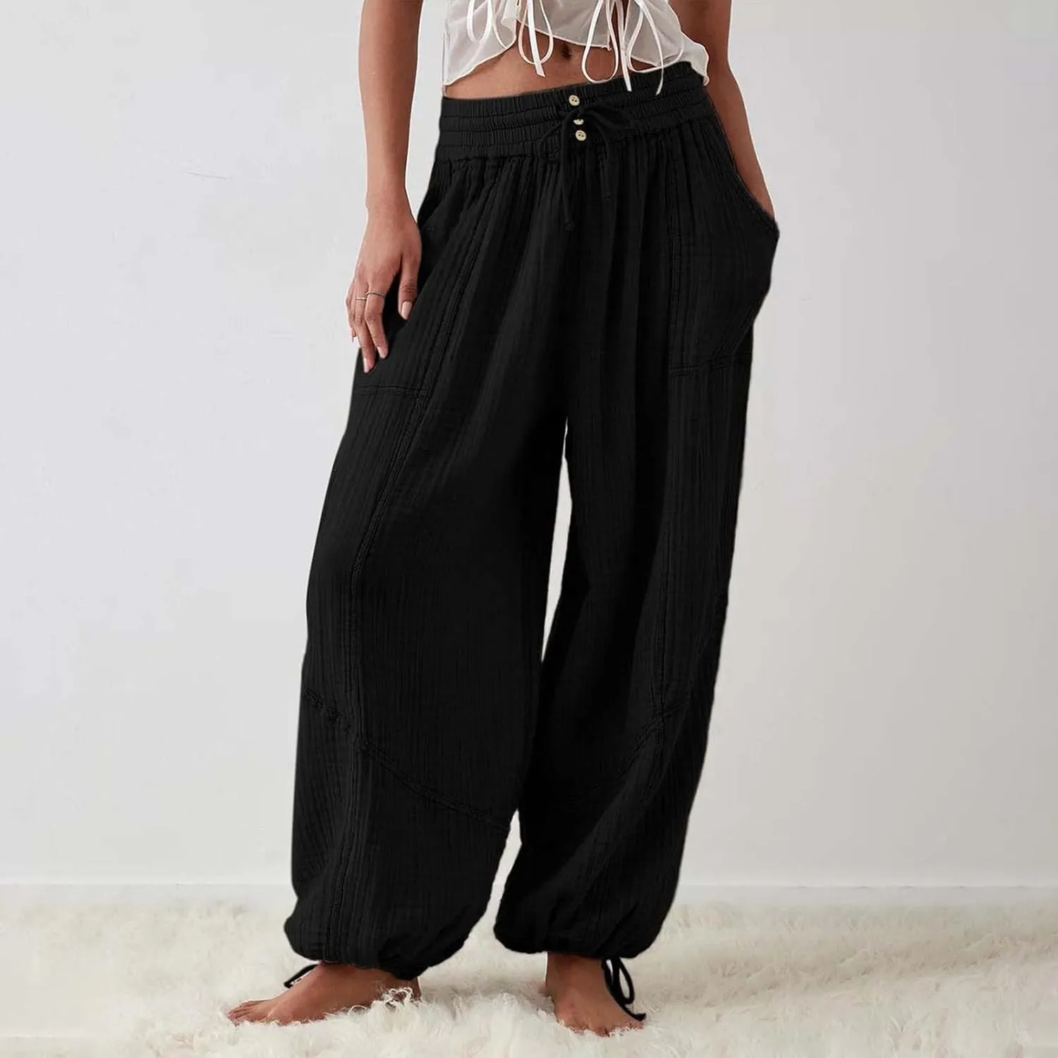 Women's Casual Cotton Linen Baggy Pants with Elastic Waist Summer Relax Loose Fit Comfy Pant Baggy Patchwork Trousers