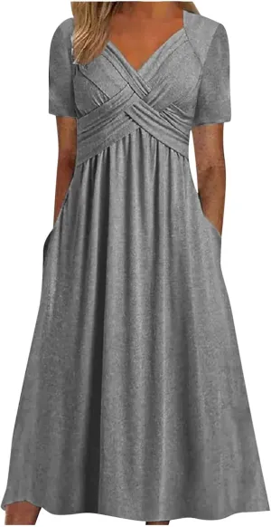 Womens Casual Dresses for Wedding Guest, Criss-Cross Front V Neck Beach Sundress Short Sleeve Maxi Dress with Pocket