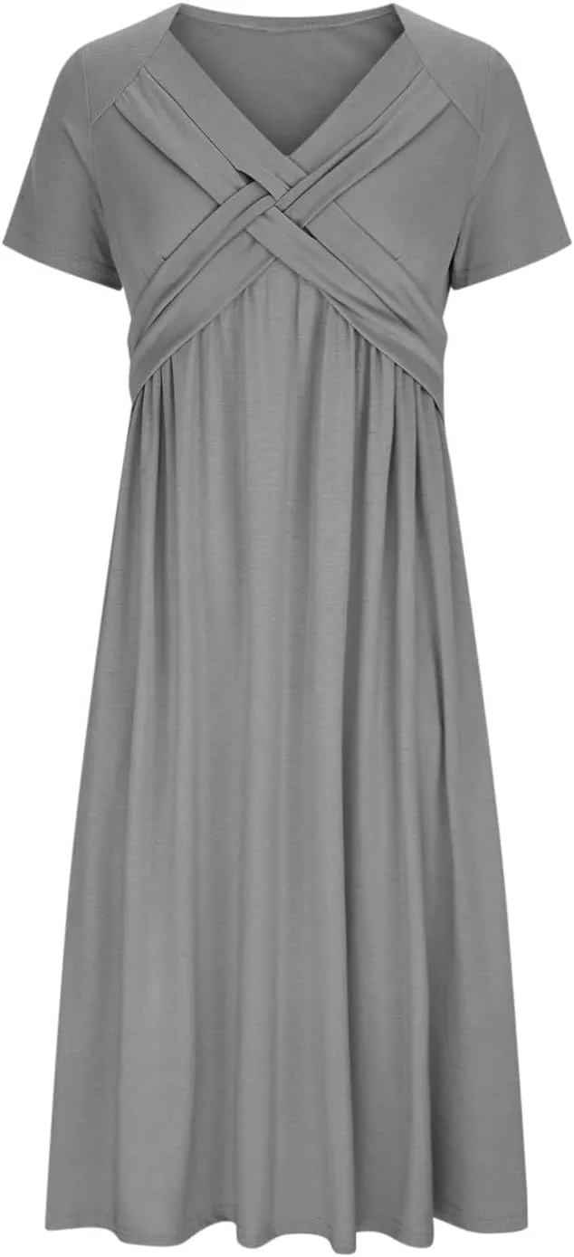 Womens Casual Dresses for Wedding Guest, Criss-Cross Front V Neck Beach Sundress Short Sleeve Maxi Dress with Pocket