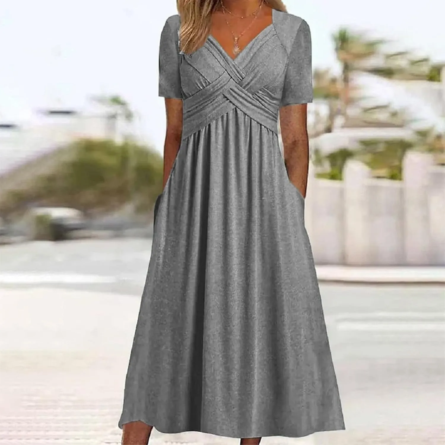 Womens Casual Dresses for Wedding Guest, Criss-Cross Front V Neck Beach Sundress Short Sleeve Maxi Dress with Pocket