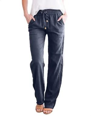 Womens Casual Linen Pants High Waisted Drawstring Solid Loose Fit Summer Beach Slacks Trousers with Side Pockets