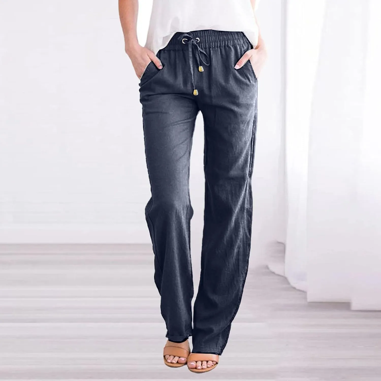 Womens Casual Linen Pants High Waisted Drawstring Solid Loose Fit Summer Beach Slacks Trousers with Side Pockets