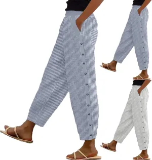 Women's Casual Pants Side Button Lightweight Drawstring Elastic Waist Pants Straight Leg Baggy Trousers with Pockets