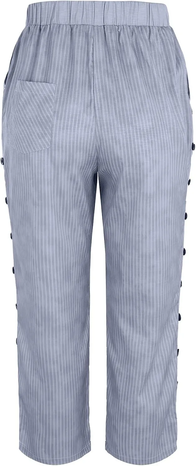 Women's Casual Pants Side Button Lightweight Drawstring Elastic Waist Pants Straight Leg Baggy Trousers with Pockets