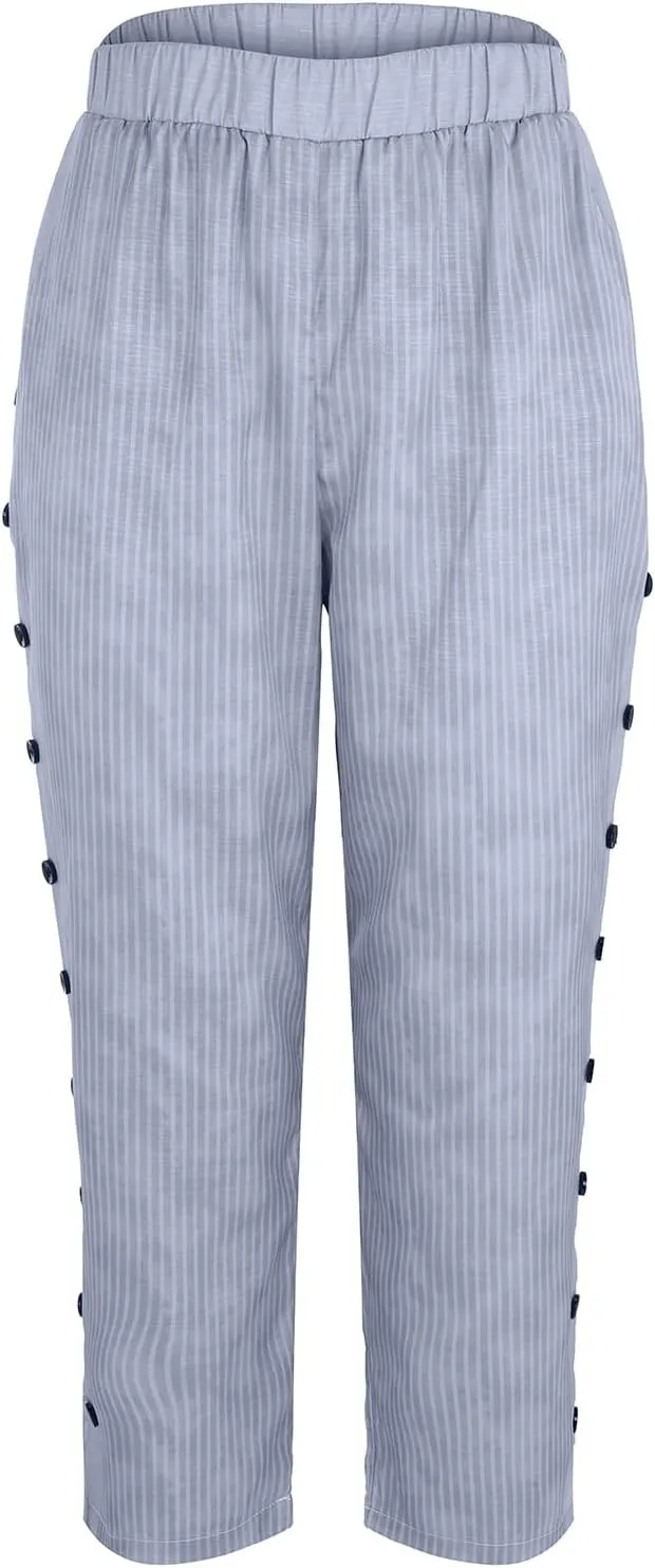 Women's Casual Pants Side Button Lightweight Drawstring Elastic Waist Pants Straight Leg Baggy Trousers with Pockets