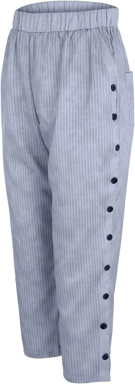 Women's Casual Pants Side Button Lightweight Drawstring Elastic Waist Pants Straight Leg Baggy Trousers with Pockets