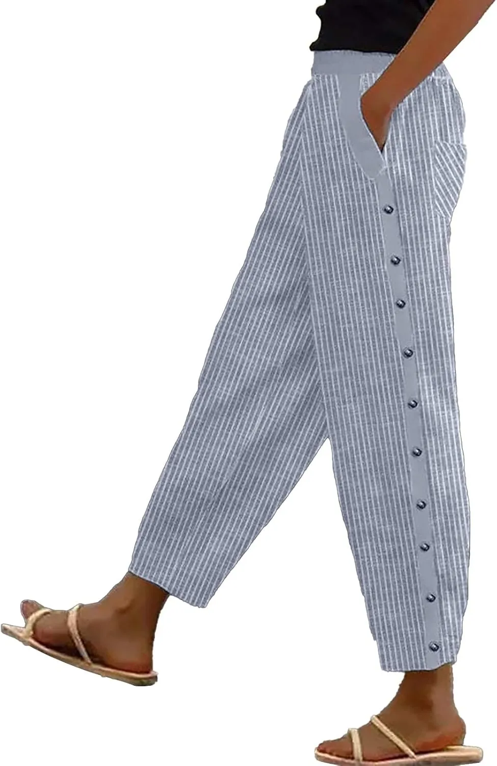 Women's Casual Pants Side Button Lightweight Drawstring Elastic Waist Pants Straight Leg Baggy Trousers with Pockets