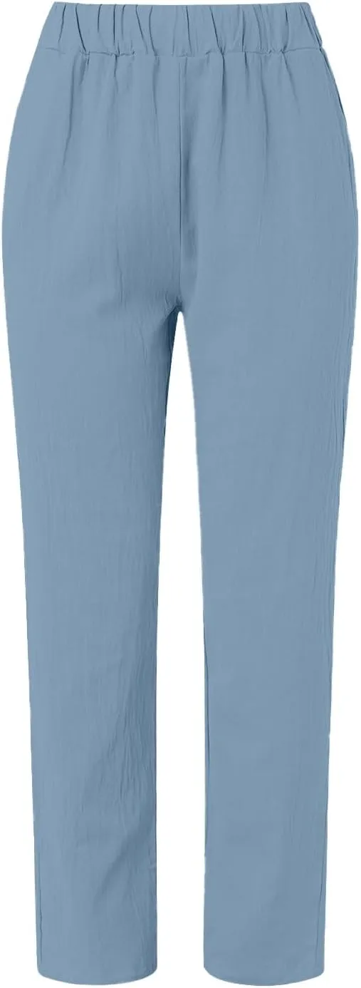Women's Casual Pants Side Button Lightweight Straight Leg Drawstring Elastic Waist Pants Baggy Trousers with Pockets