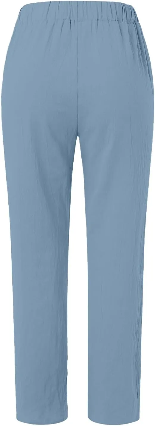 Women's Casual Pants Side Button Lightweight Straight Leg Drawstring Elastic Waist Pants Baggy Trousers with Pockets