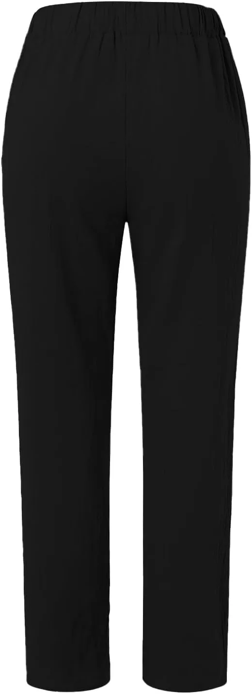 Women's Casual Pants Striped Side Button Elastic Waist 2025 Trendy Pants Straight Leg Baggy Trousers with Pockets