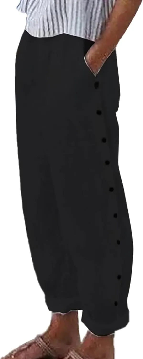 Women's Casual Pants Striped Side Button Elastic Waist 2025 Trendy Pants Straight Leg Baggy Trousers with Pockets