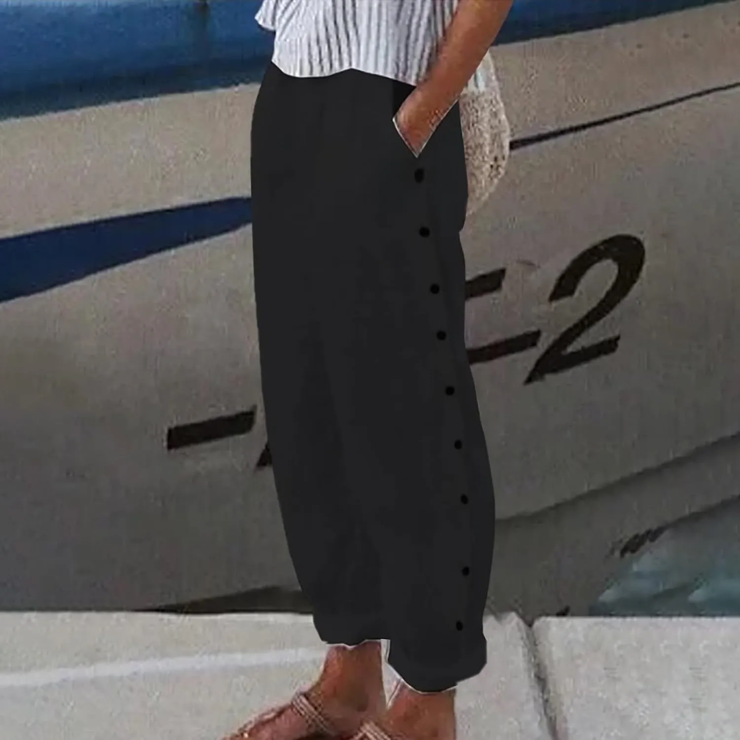 Women's Casual Pants Striped Side Button Elastic Waist 2025 Trendy Pants Straight Leg Baggy Trousers with Pockets