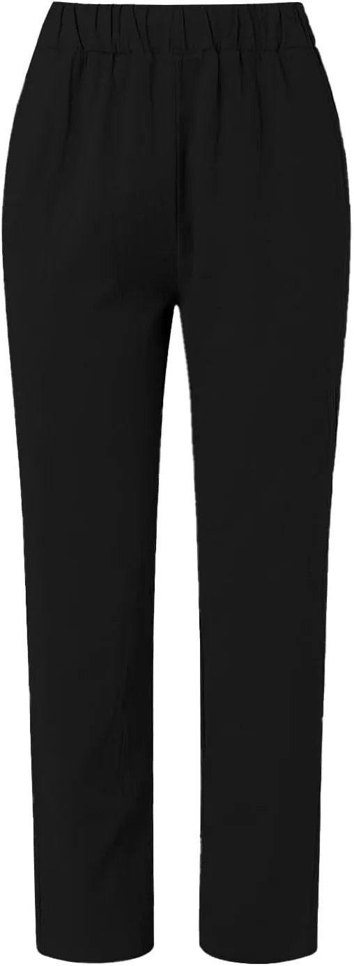 Women's Casual Pants Striped Side Button Elastic Waist 2025 Trendy Pants Straight Leg Baggy Trousers with Pockets