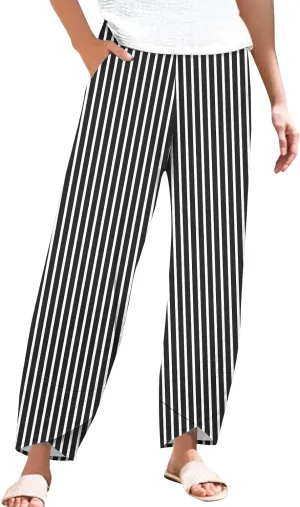 Women's Casual Striped Graphic Cotton Linen High Waisted Loose Pull On Pants Summer Beach Vacation Trendy Trousers