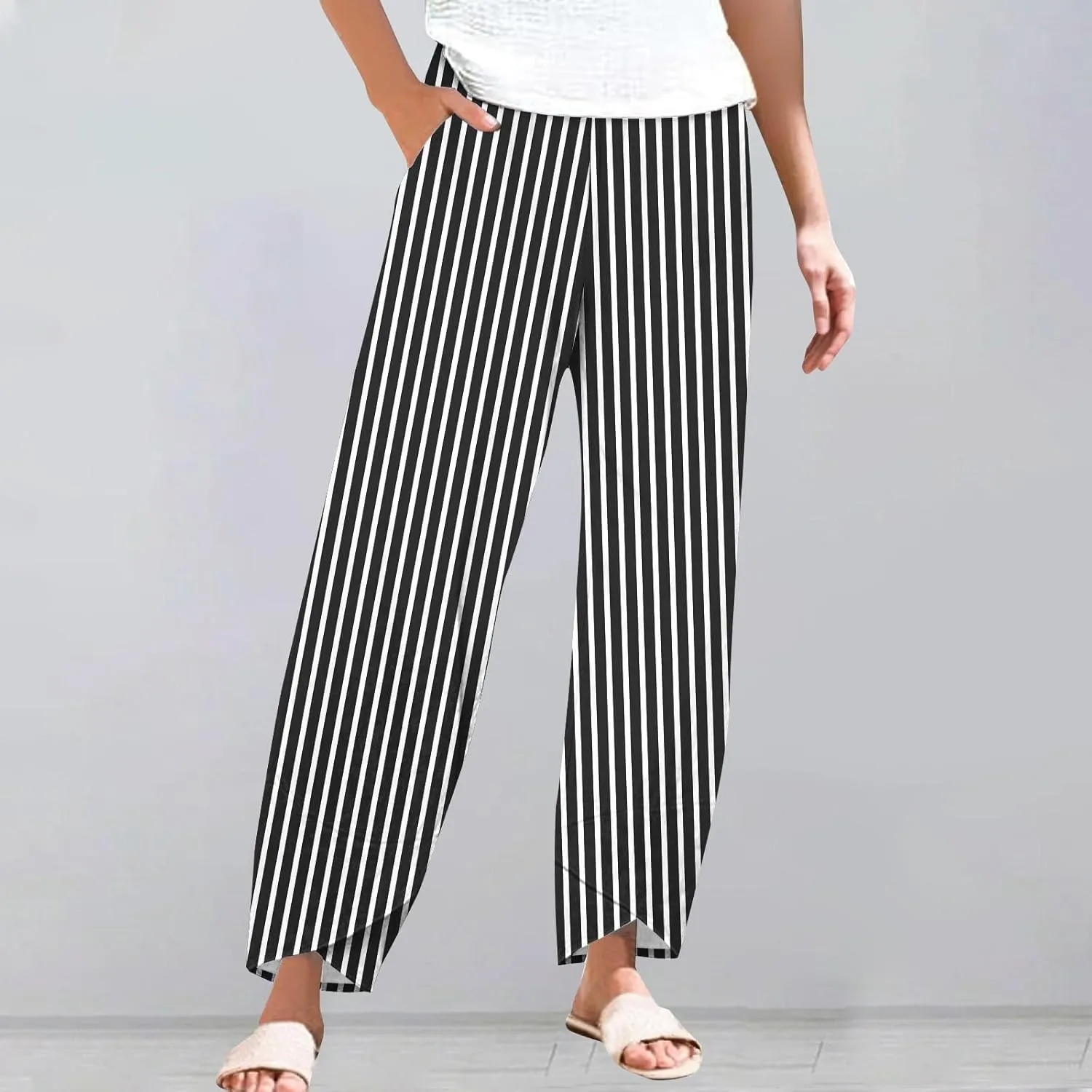 Women's Casual Striped Graphic Cotton Linen High Waisted Loose Pull On Pants Summer Beach Vacation Trendy Trousers