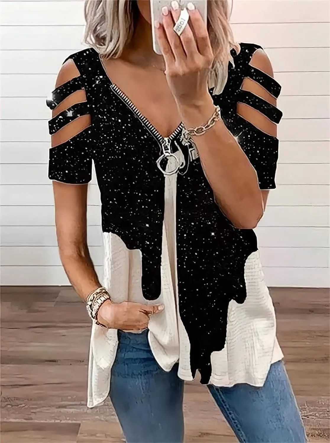 Women's Cold Shoulder Tops Tee Sexy Summer V Neck Loose T Shirts Casual Short Sleeves Zipper Floral Print Blouse