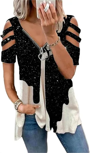 Women's Cold Shoulder Tops Tee Sexy Summer V Neck Loose T Shirts Casual Short Sleeves Zipper Floral Print Blouse