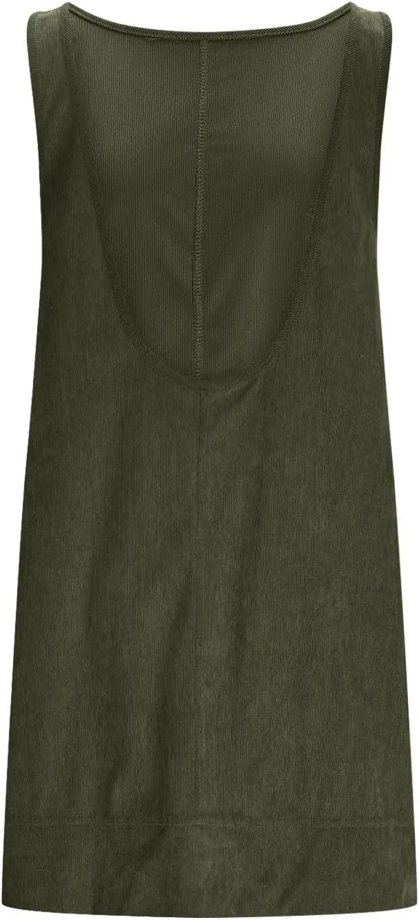 Women's Corduroy Overall Dress 2025 Fashion Round Neck A Line Skirtall Jumper Mini Dress Pinafore with Pockets