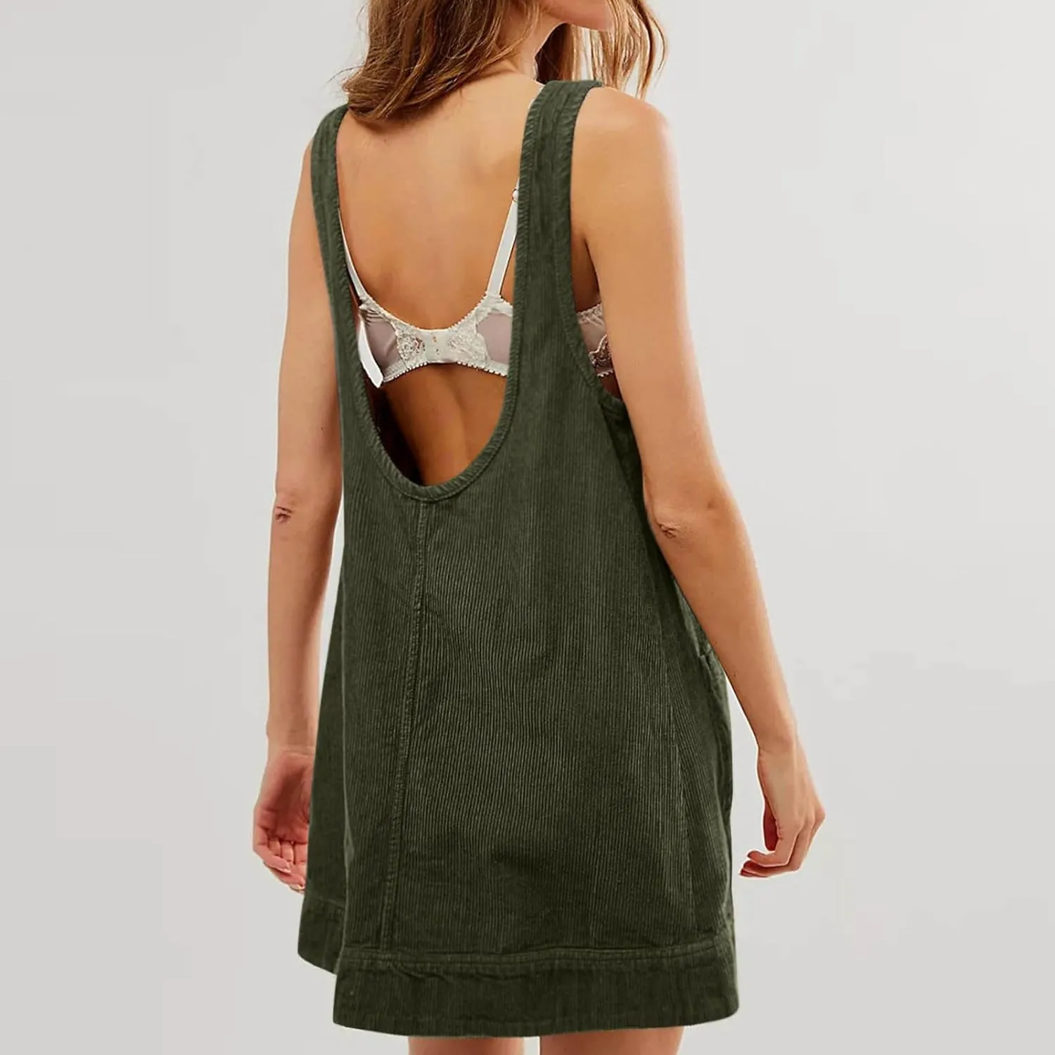 Women's Corduroy Overall Dress 2025 Fashion Round Neck A Line Skirtall Jumper Mini Dress Pinafore with Pockets