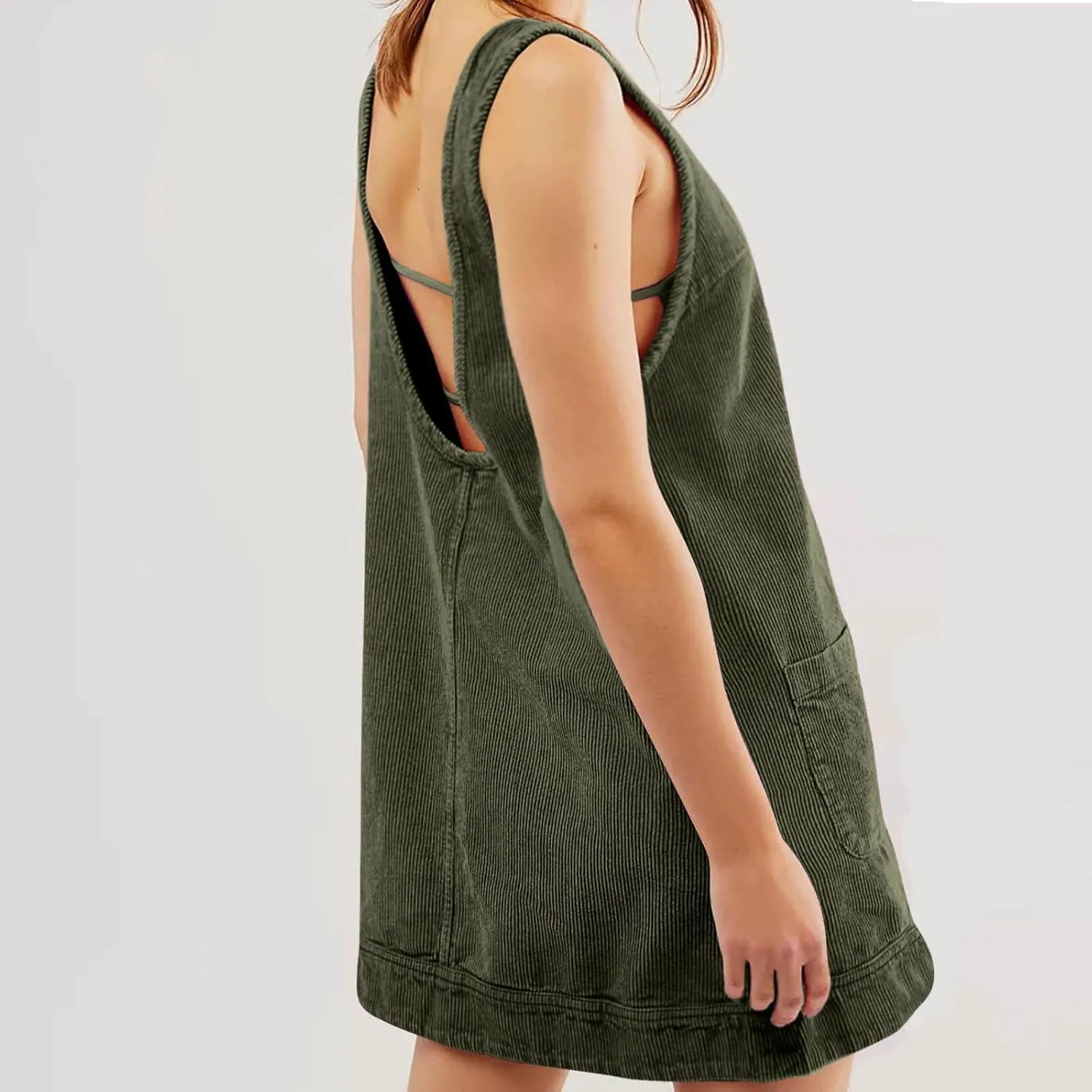 Women's Corduroy Overall Dress 2025 Fashion Round Neck A Line Skirtall Jumper Mini Dress Pinafore with Pockets