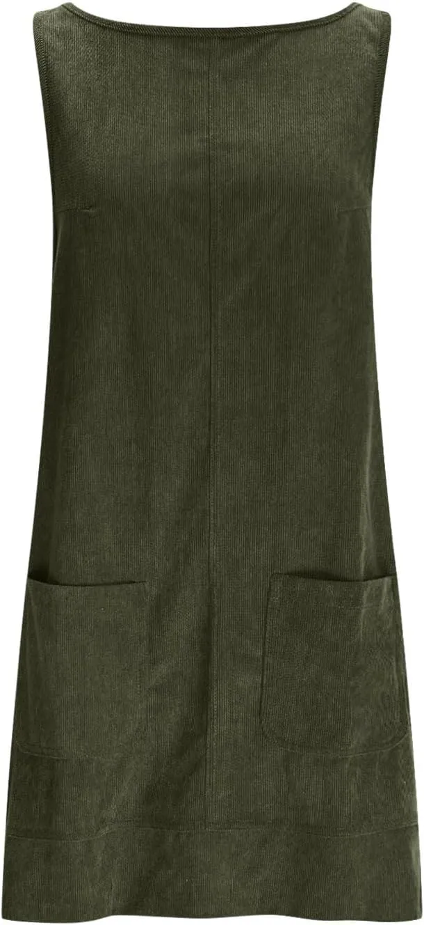 Women's Corduroy Overall Dress 2025 Fashion Round Neck A Line Skirtall Jumper Mini Dress Pinafore with Pockets