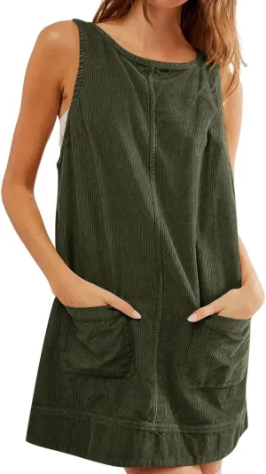 Women's Corduroy Overall Dress 2025 Fashion Round Neck A Line Skirtall Jumper Mini Dress Pinafore with Pockets