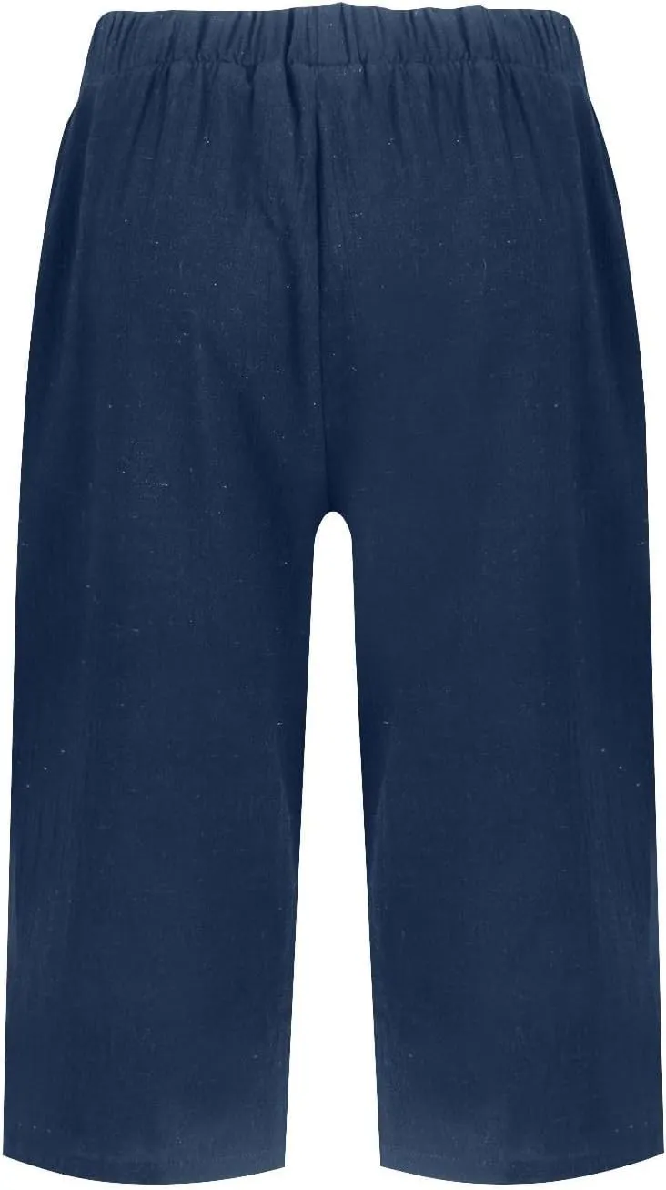 Womens Cotton Linen Capri Pants Summer Elastic Waist Plus Size Casual Pants Wide Leg Lightweight Capris with Pockets