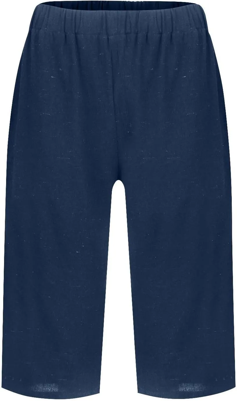 Womens Cotton Linen Capri Pants Summer Elastic Waist Plus Size Casual Pants Wide Leg Lightweight Capris with Pockets