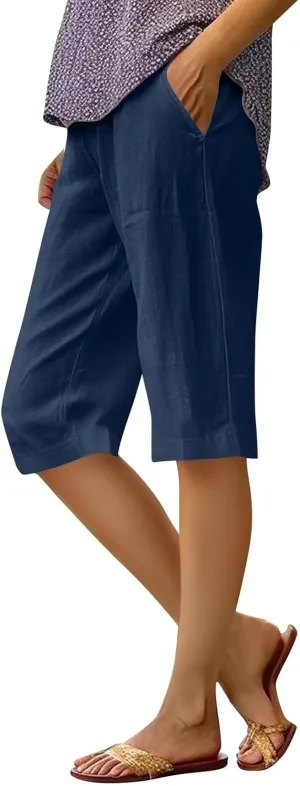 Womens Cotton Linen Capri Pants Summer Elastic Waist Plus Size Casual Pants Wide Leg Lightweight Capris with Pockets