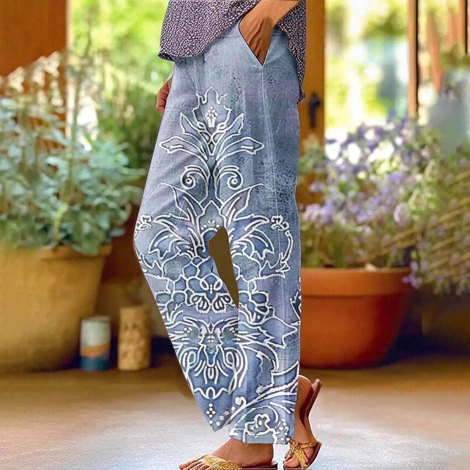 Womens Cotton Linen Capris Pants Elastic Loose Cropped Waist Drawstring Summer Trousers Beach Travel Boho