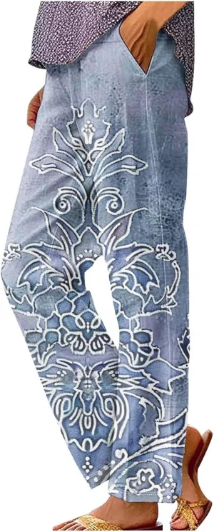 Womens Cotton Linen Capris Pants Elastic Loose Cropped Waist Drawstring Summer Trousers Beach Travel Boho