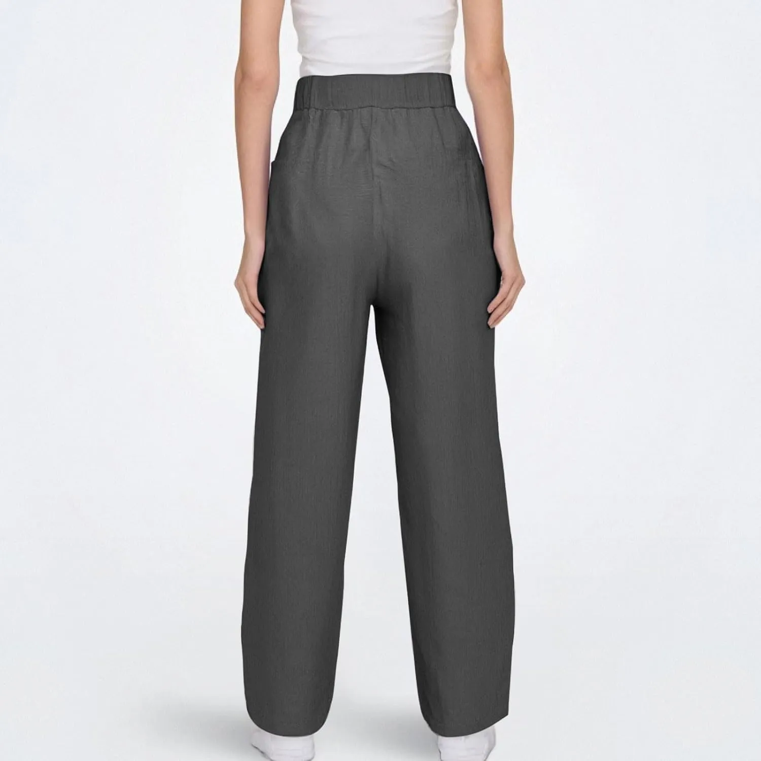 Womens Cotton Linen Palazzo Pants Drawstring Elastic Waist Casual Beach Pants Summer Wide Leg Trousers with Pockets